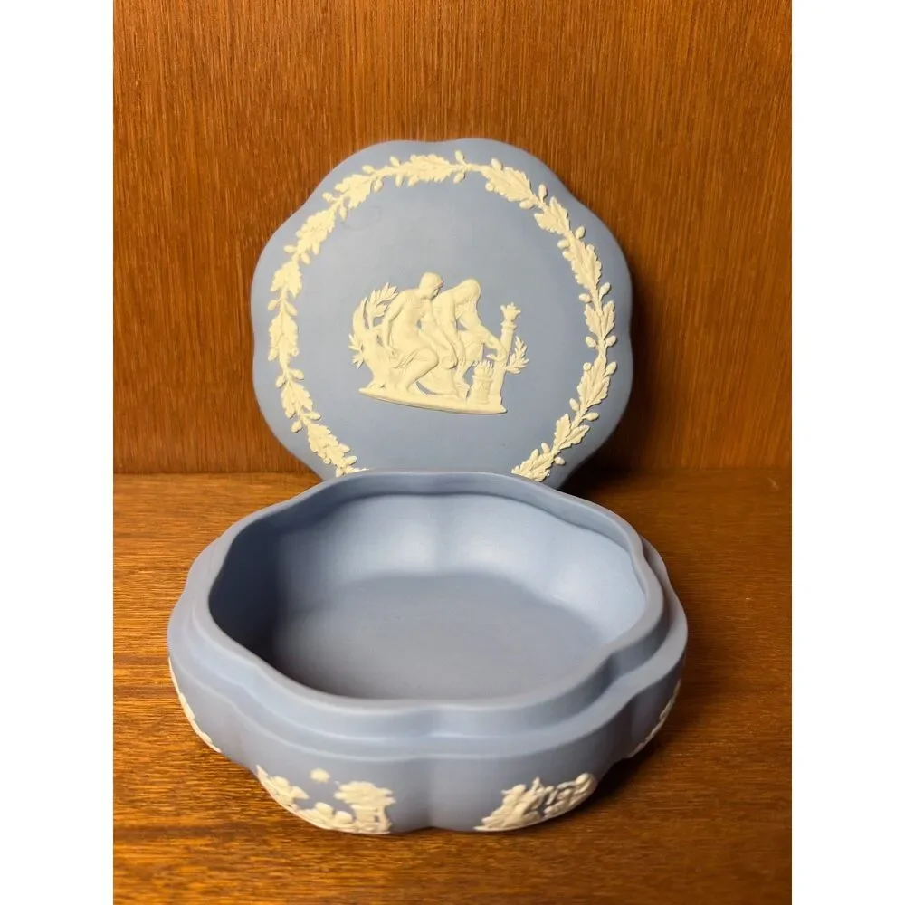 Vintage Wedgwood Blue Jasperware Trinket Box Classical Figures Made in England